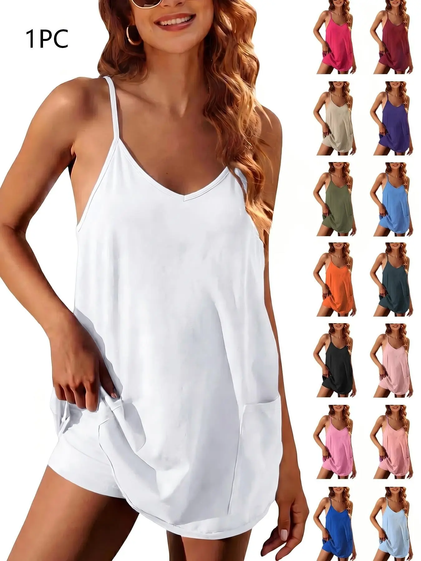 Women's Lightweight Chic Spaghetti-Strap Romper with Pockets, Loose-Fit U-Neck, 15 Colors and Multiple Sizes, for Casual Daily Wear & Beach Outings