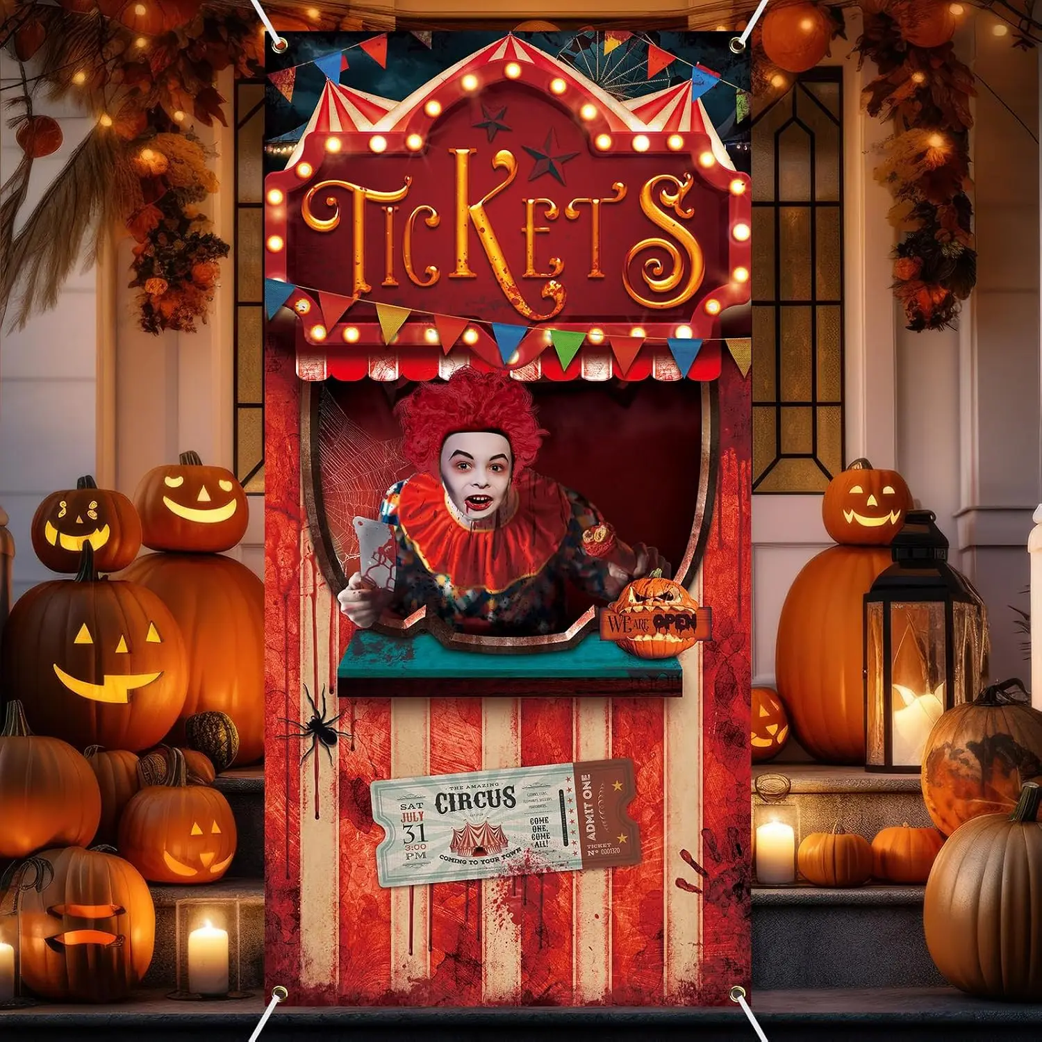 Halloween Circus Door Cover Halloween Creepy Carnival Party Decorations Bloody Scary Photo Backdrop Banner Ticket Booth Backdrop Props for  and Supplies 71 x 35''