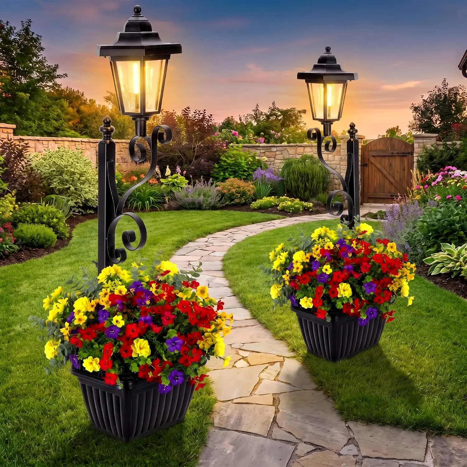 2 Sets 32 in LED Solar Planter Lamps - Waterproof 2-in-1 Outdoor Lamp Posts with Planters, Decorative Flower Pot Lights for Garden, Patio