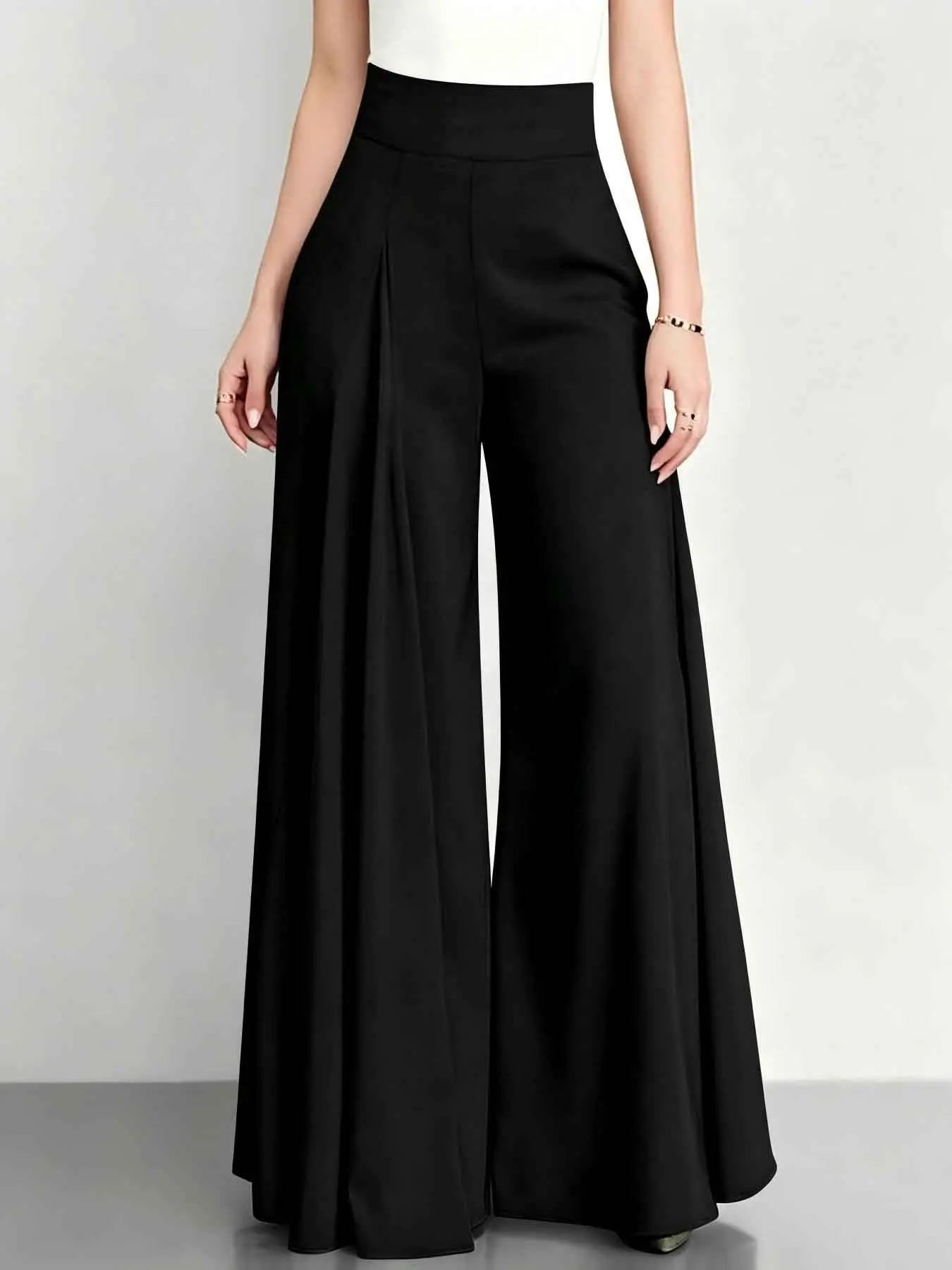Women's Summer New Cool Breathable Solid Color Zip Pocket Wide Leg Trousers, Casual High Waist Long Pants, Multifunctional Office Wear