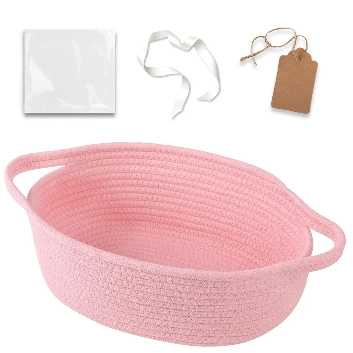 OIAHOMY Small Woven Basket with Gift Bags, Ribbons & DIY Label Card, Baskets for Gifts Empty, Small Rope Basket 12 * 8 * 5IN, Cute Decorative Baskets with Handles for Baby Pets, Toys, Pink