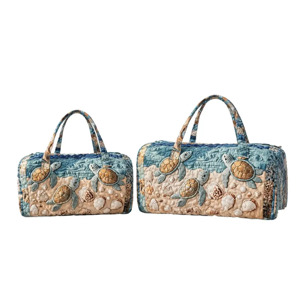 Quilted Sea Turtle Travel Duffel Bag Set, 18 & 21 Inch Coastal Ocean Print Weekender Bags with Top Handles, Spacious Lightweight Overnight Luggage for Beach Trips, Vacation, Gym, Hospital, Road Trips, Weekend Getaways and Gifts
