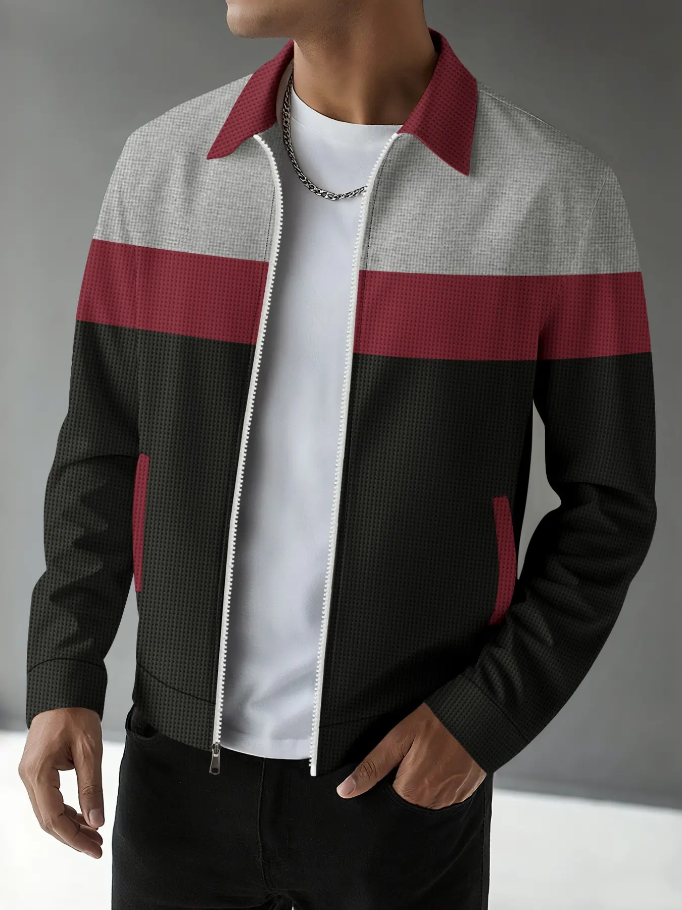 Men's Lightweight Breathable Waffle Zipper Jacket, Colorblock Notch Lapel Casual Pilot Coat, Ideal for Daily Outing