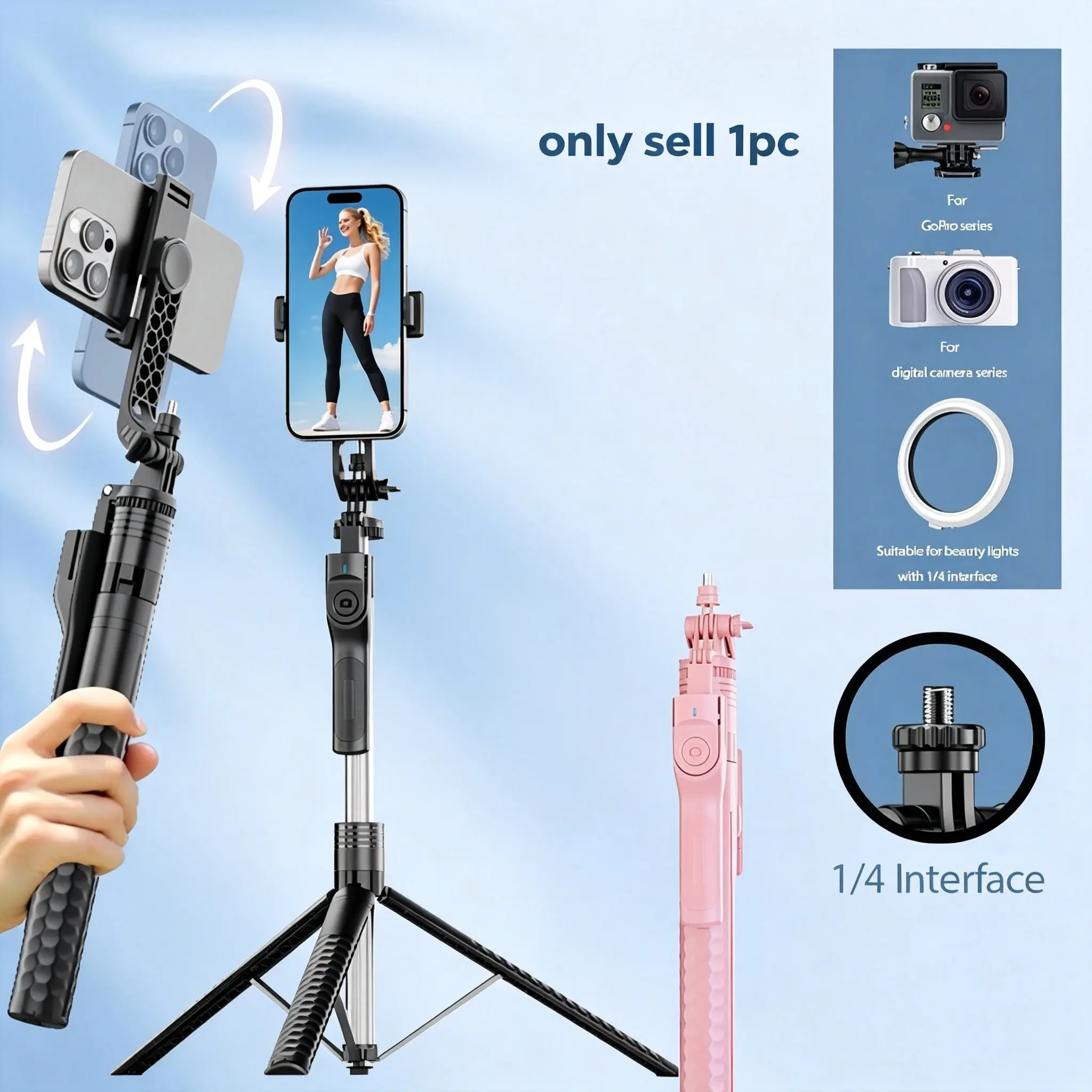 1900mm Extendable Selfie Stick Tripod, Bluetooth-compatible Remote, 360° Rotation, Pocket Portable, Outdoor Travel, Vlog, Live Streaming