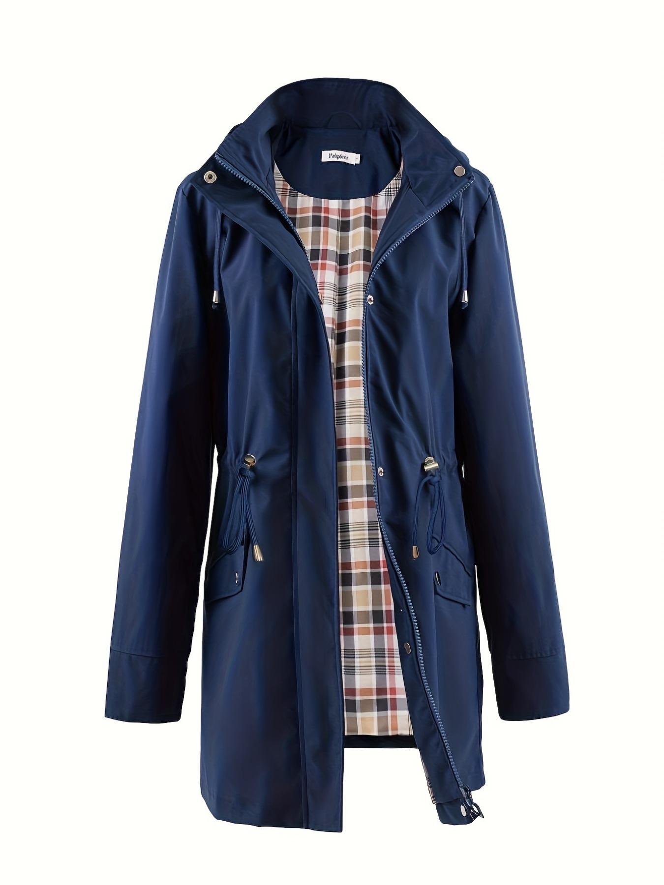 Women's Solid Drawstring Pocket Button Zipper Hooded Jacket, Casual Long Sleeve Waterproof Windbreaker Jacket for Spring & Fall, Ladies Clothes for Daily Wear