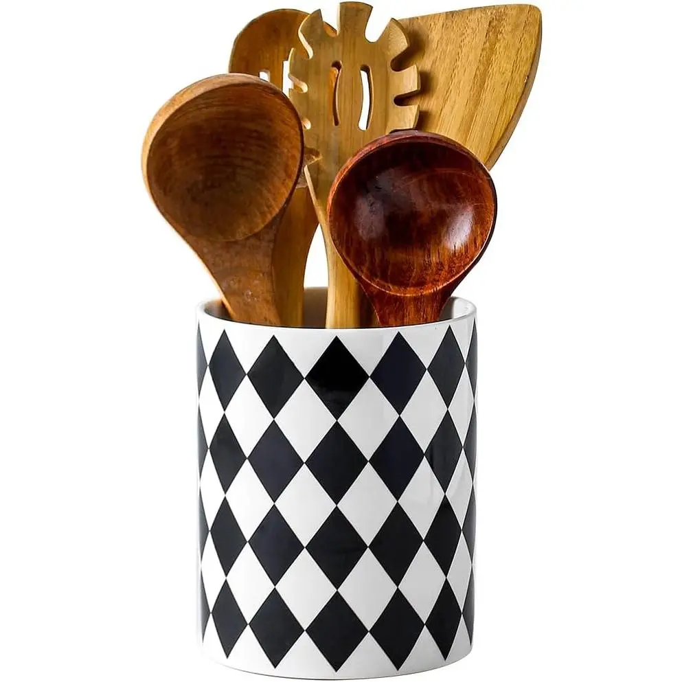 Kitchen Utensil Holder, 6.3 Inch Checkered Large Ceramic Cooking Utensil Holder Modern Utensil Crocks for Kitchen Counter-, Housewarming , Decor and Accessories ( Black, 6.3 Inch)