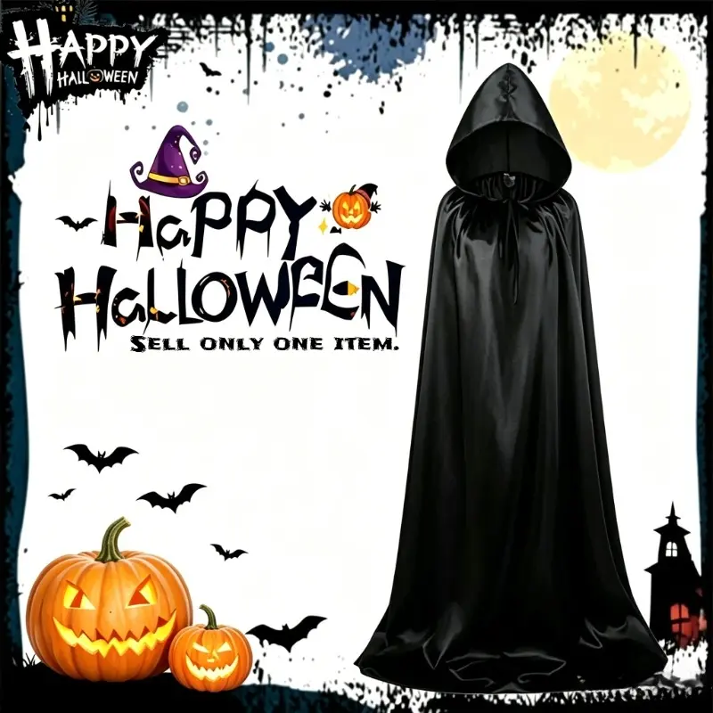 Halloween Black Hooded Wizard Cloak Unisex Cosplay Robe Roleplay Costume for Monk Grim Reaper Masquerade Party Outfit