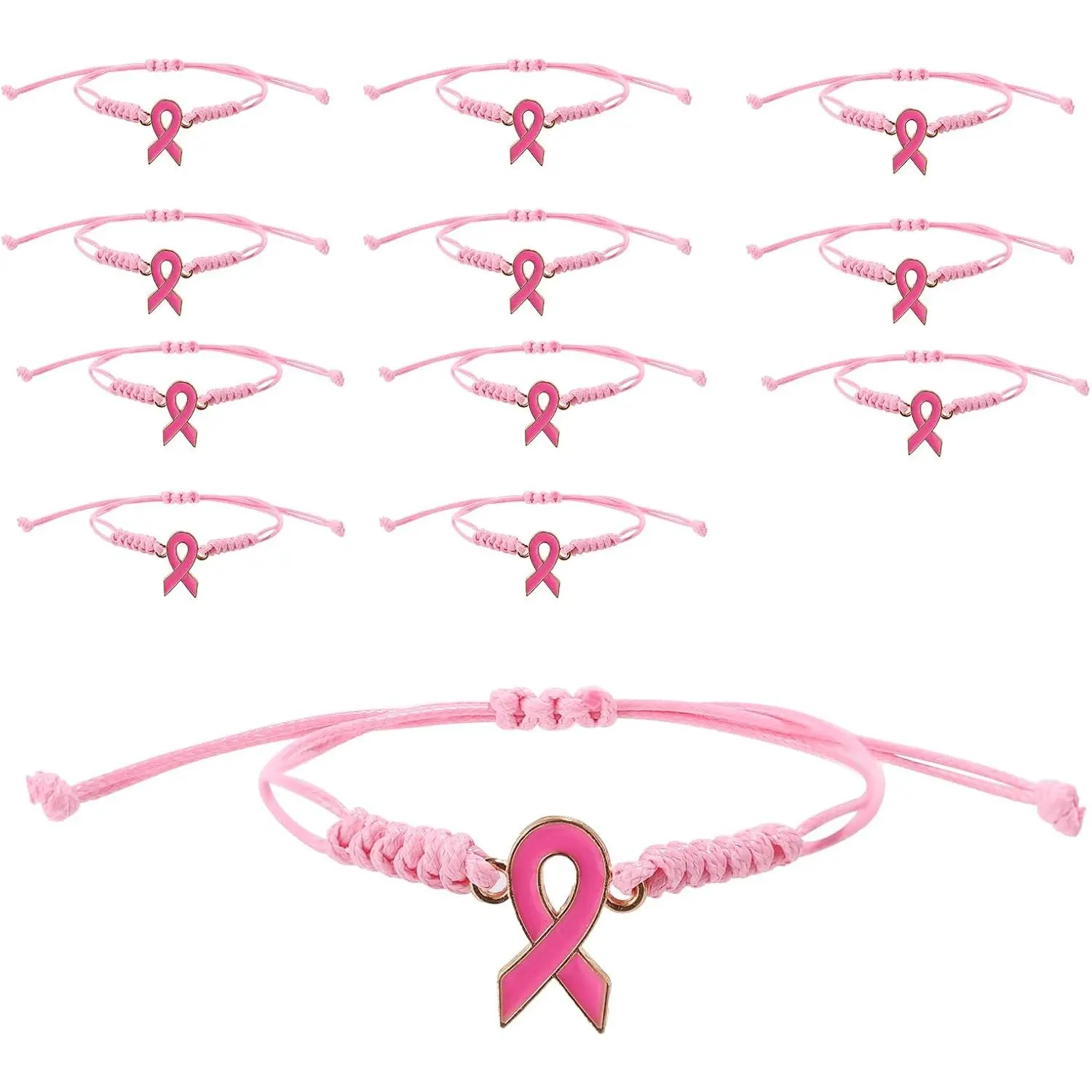 12 count Breast Awareness Bracelets, Adjustable  Braided Wristband Wrist band Outfit Inspirational   Sign Bulk Accessories for Support Survivors Fighters Charity Events