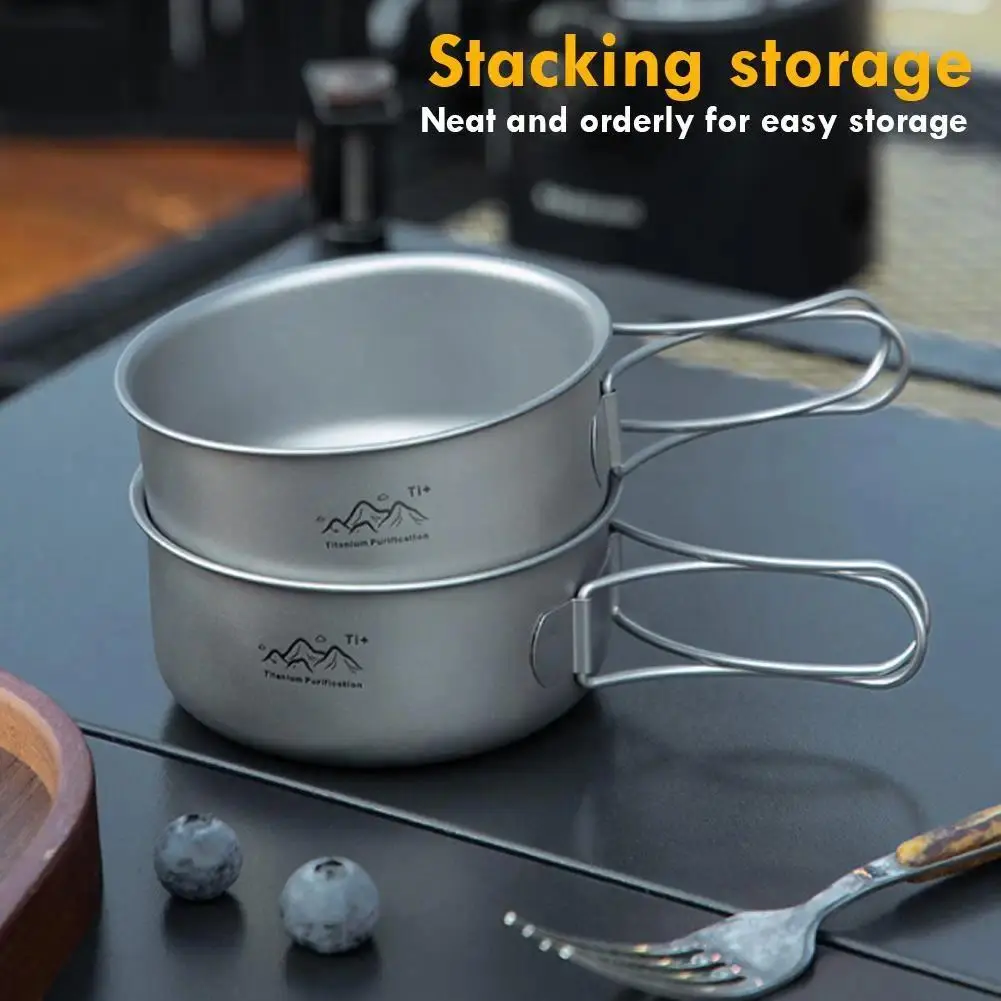 Ultralight Titanium Pot for Camping Portable Cookware with Foldable Handle Lightweight Backpacking Soup Bowl Picnic Gear