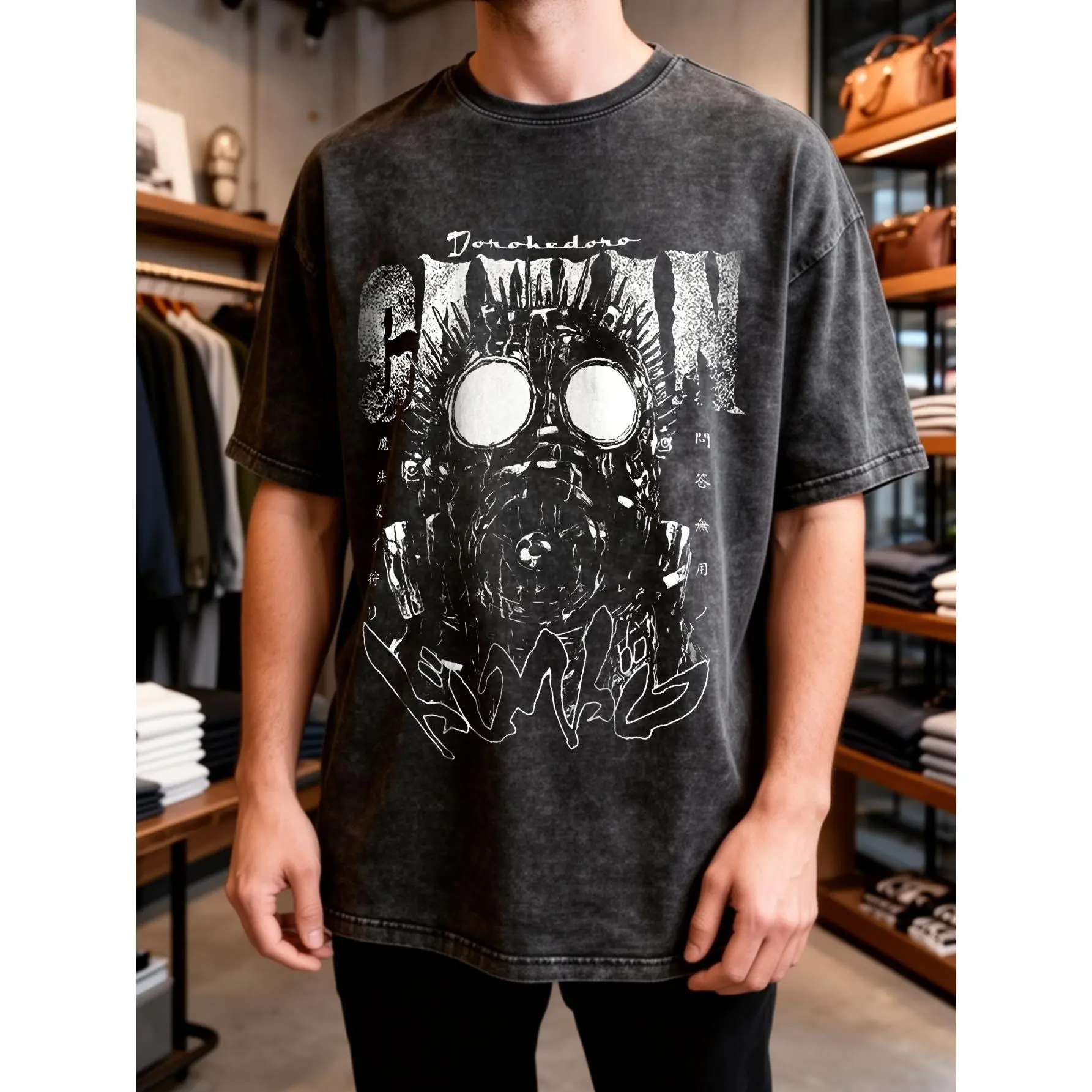 Washed Vintage Graphic Tee Men Summer T-Shirt Dorohedoro Kaiman Mask Japanese Anime Kanji Text Print Crew Neck Loose Casual Streetwear Daily Machine Wash Shirts
