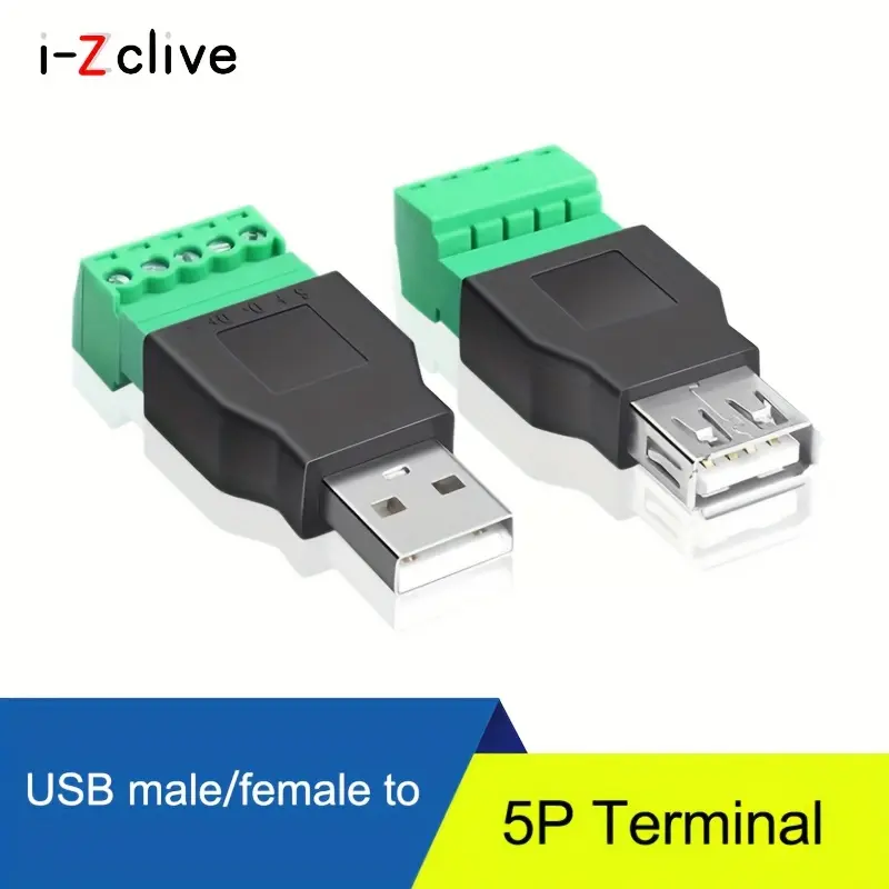 1pc USB Male/Female to 5P Terminal Adapter - USB2.0 Type A Plug to 5 Pin Connector Module for DIY Solderless Cable Charging & Data Transfer