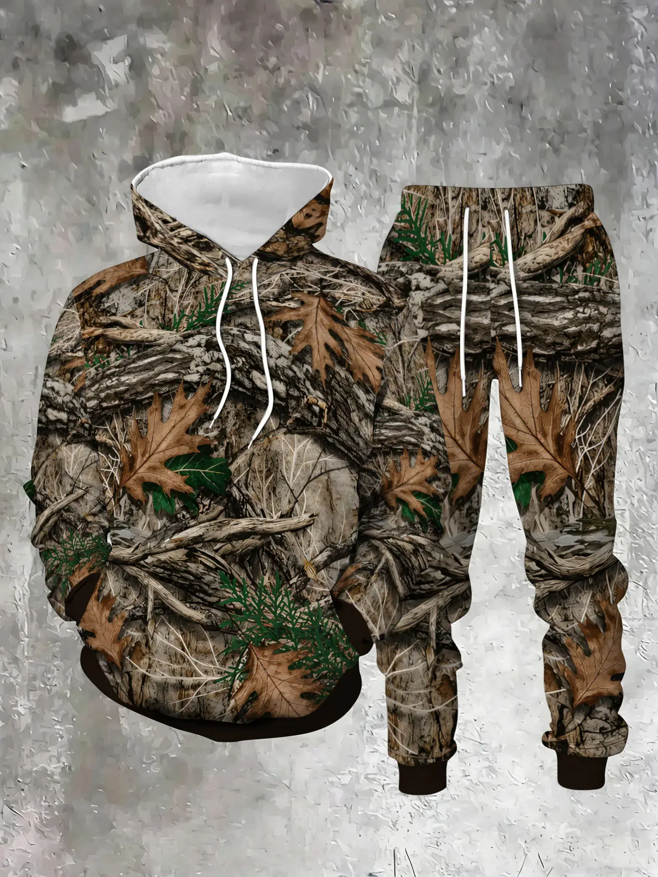 Men's 2-Piece Camouflage Hoodie and Pants Set, Long Sleeve, Leaf Pattern, Adjustable Drawstring, Outdoor Hunting Casual Wear, Fall Winter