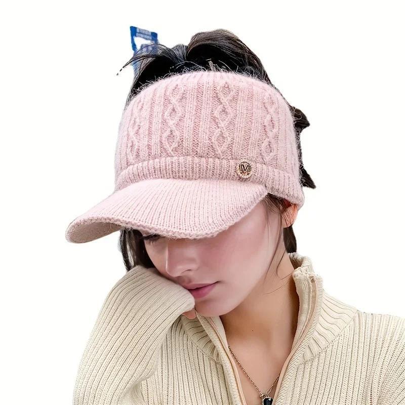 2025 Autumn and Winter Women's Warm Knitted Ponytail Sunshade Hat - Thick Warm Earcup Baseball Hat with Adjustable Shoulder Straps Quality Caps
