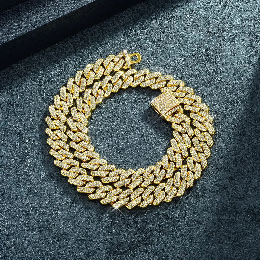 Bestselling 14mm bar Cuban link necklace with full diamond inlay, trendy, light luxury, bold and popular