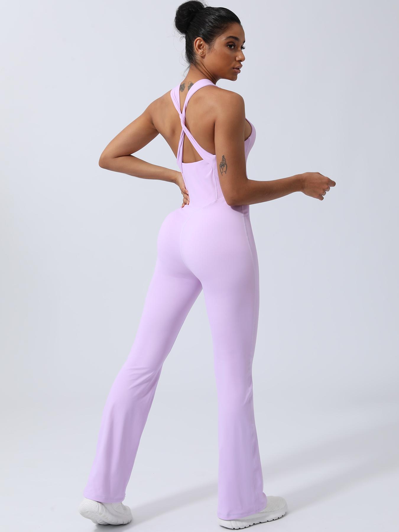 Women's Solid Criss Cross Backless Sports Jumpsuit, Casual Sporty Sleeveless Twist Jumpsuit for Yoga Gym Workout, Ladies Sportswear for All Seasons
