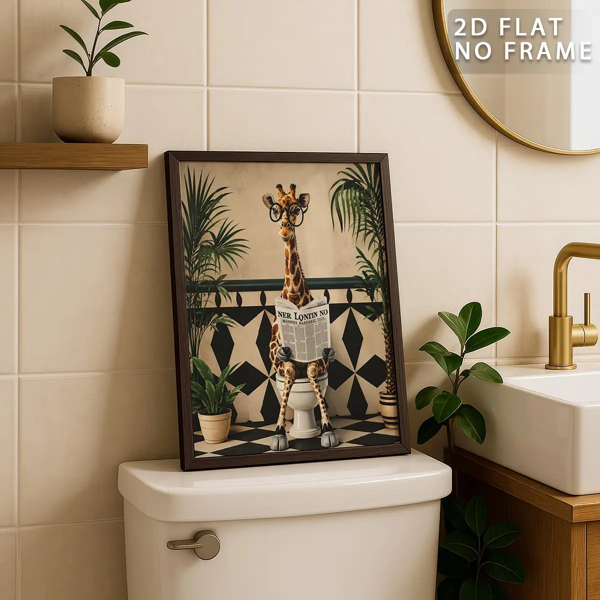 1Pc Cute Giraffe on Toilet Canvas Wall Art, Choice of Unframed or Stretched Framed Style, Funny Animal Bathroom Decor, Humorous Giraffe Portrait Painting, Quirky Wall Art for Restroom and Powder Room (Internal Wood Frame Optional)