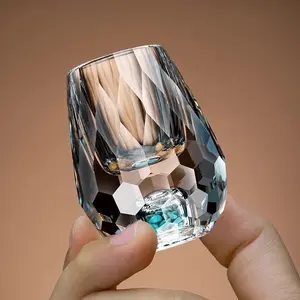 Set of 6 Crystal Whiskey/spirit Glasses, Diamond-Cut Design, Turquoise Base, Elegant Barware, Ideal Gift for Men, Father's Day