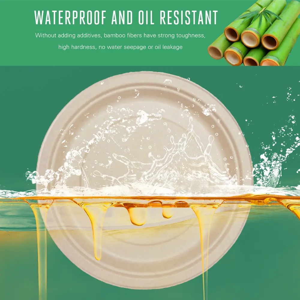 50/100 Disposable Bamboo Fiber Plates, Waterproof Oil-Resistant Non-Slip High-Temperature Resistant, Ideal for Restaurants, Weddings, Schools, Home Parties