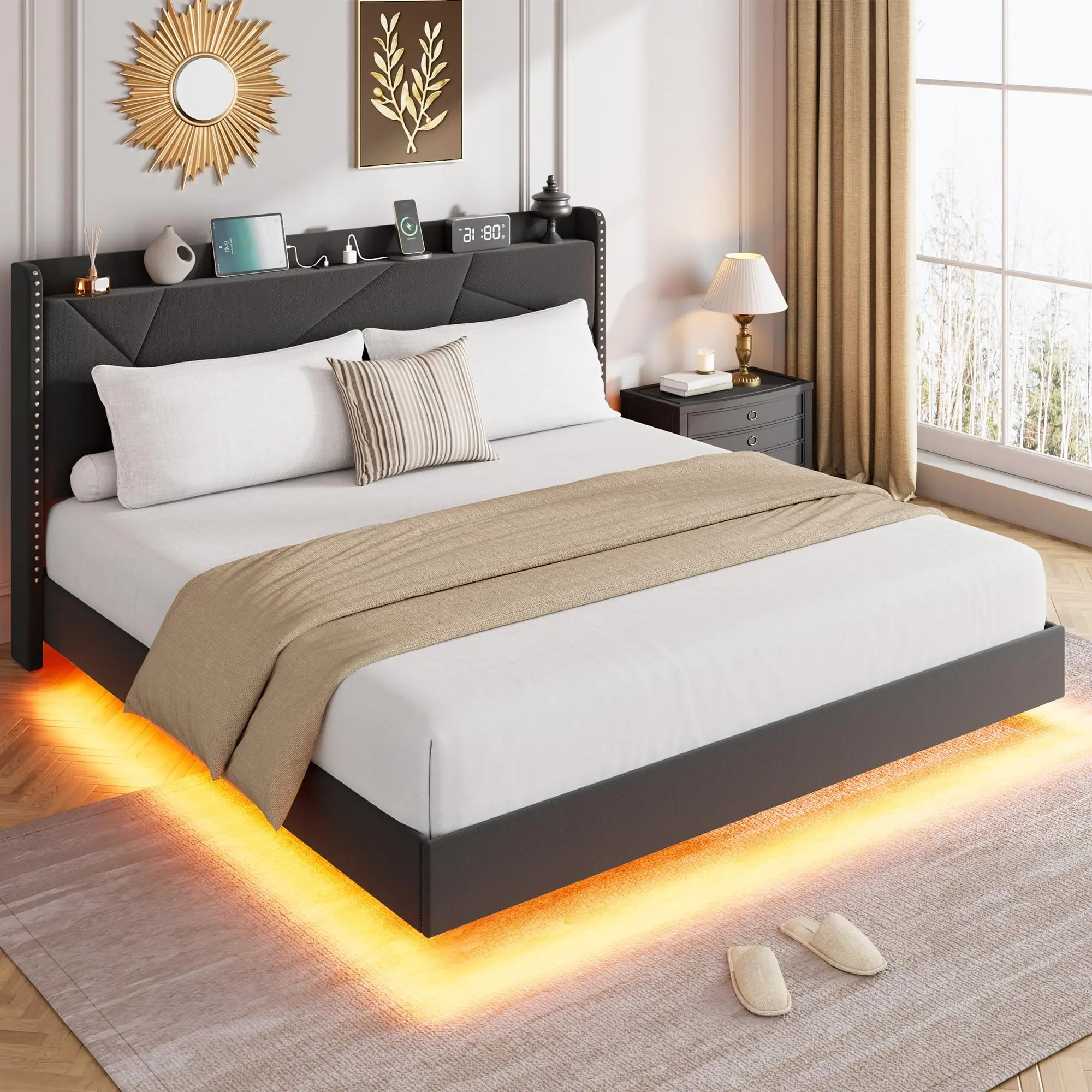 GARVEE Queen Bed Frame, Floating Upholstered Platform Bed with LED Lights, Charging Station, Storage Headboard, Folding Shelves, Metal Slats Support, No Box Spring Needed, Black