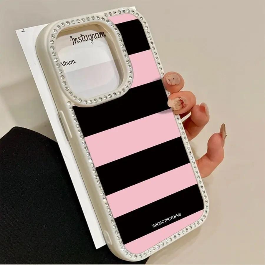 Pink And Black Striped Letters Pattern Double-Sided Diamond Transparent Mobile Phone Case Thin Light TPE Material For iPhone 17 Pro Air 16 15 14 13 12 11 Pro Max Plus Air 16e Christmas Valentine's Day Gifts
