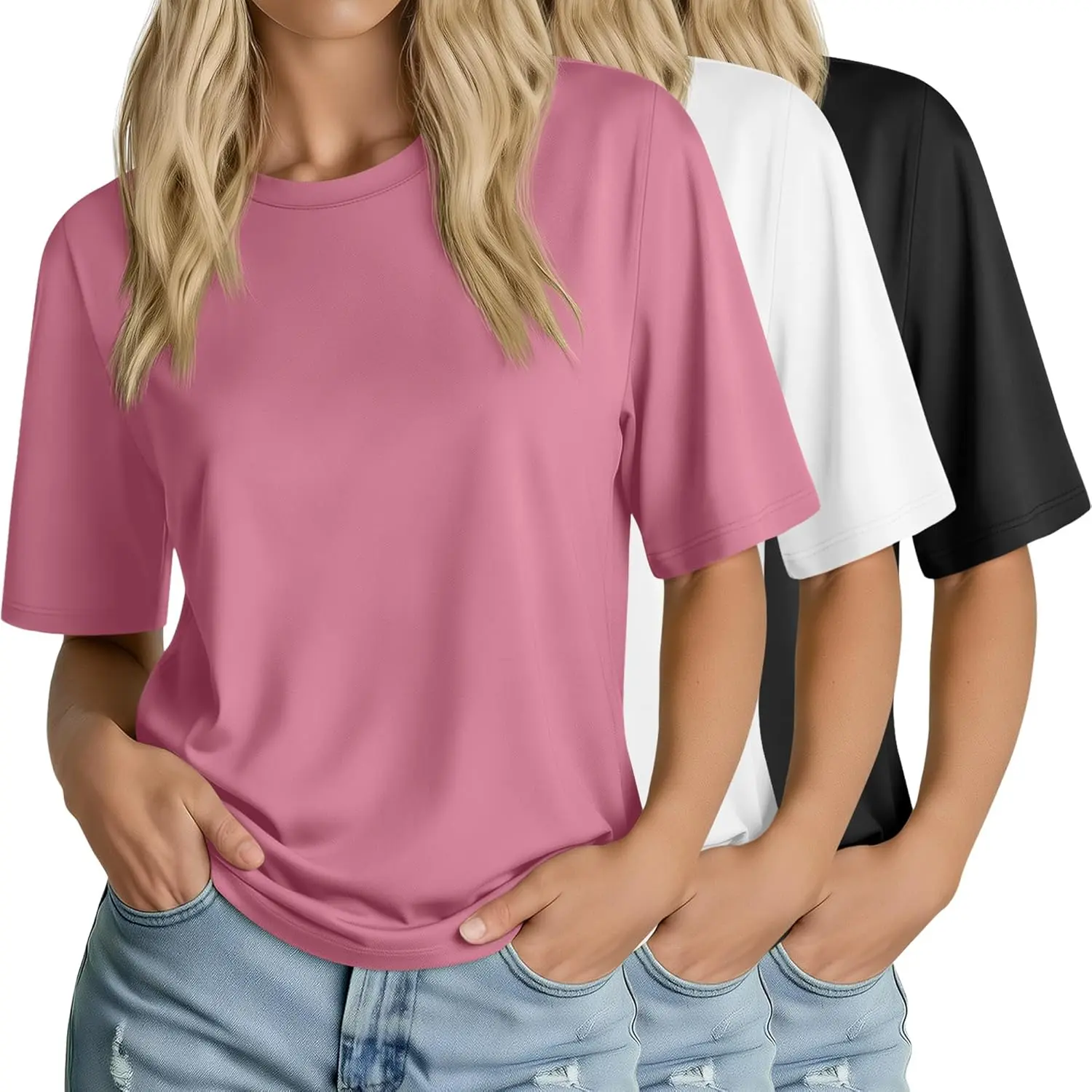 Women's 3 Pack Oversized Tunic Tops, Casual Loose-Fitting Plain Tees with a Crew Neck and Elbow Length Sleeves, Round Neck, Half Sleeve, Shortsleeve, Oversized Tunic Blouses & Shirts, Large, Black, Cream, Khaki, Tshirt, Comfy Casual, Casual Wear