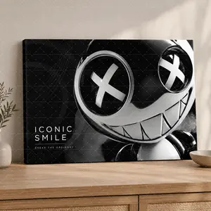 "Iconic Smile Black & White Canvas Art| Creepy Doll Face Print, Aesthetic Teen/Gaming Room Decor, Edgy Modern Statement Poster Gift",wall decor,poster.