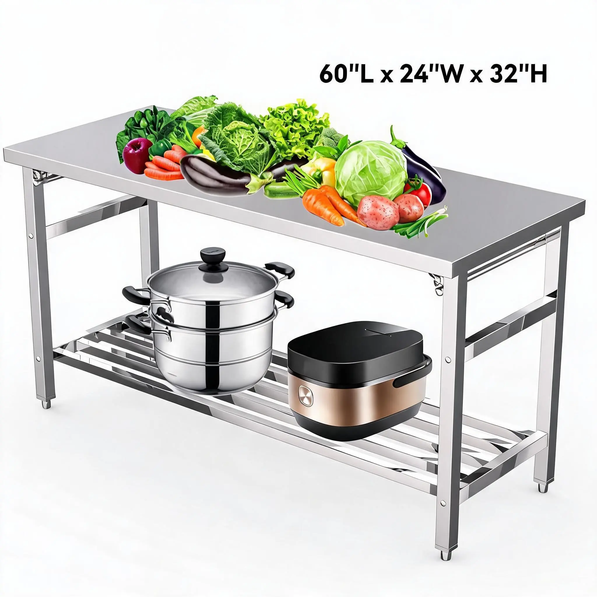 GARVEE New Upgraded Stainless Steel 60x24x32" Folding Work Table - Heavy-Duty Prep Workbench with Adjustable Under-Shelf Organizer, Folding Furniture, Multi Purpose Foldable Portable Space Saving Table for Commercial Kitchen - Ideal Gift