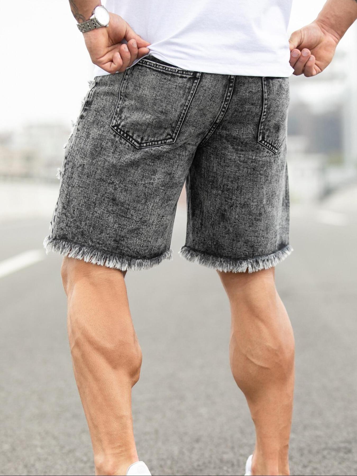 Men's Solid Color Ripped Denim Cut Off Shorts, Loose Casual Fashion Comfy Jeans Shorts for Daily Outdoor Wear, Mens Bottoms for Summer