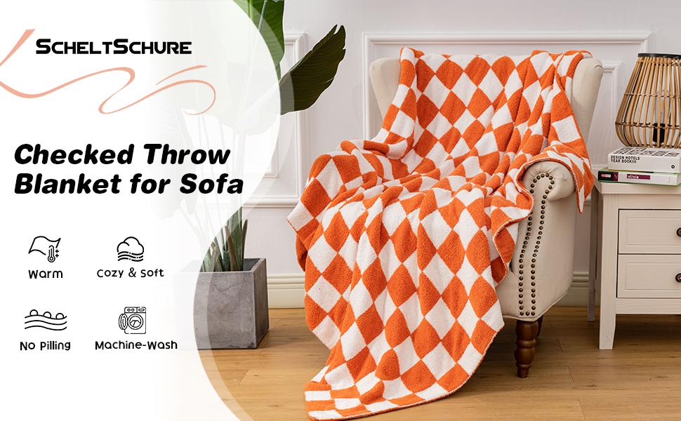 Cozy Knit Throw Blanket - Soft & Warm Checkerboard Grid Pattern for Couch, Bed - Gift for, Mom, Daughter (50x60 in, Orange)