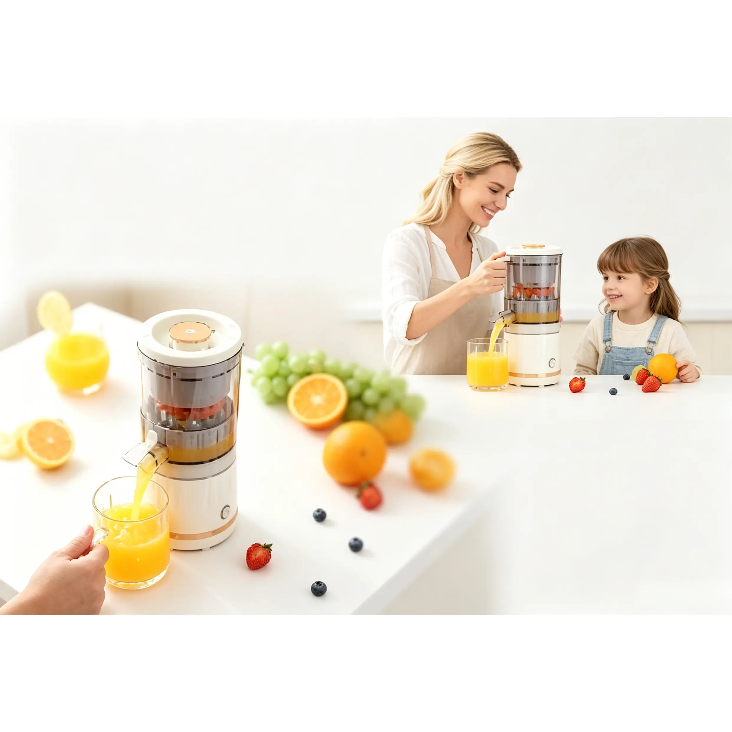 Portable Cordless Citrus Juicer Machine, USB Rechargeable Automatic Orange and Lemon Squeezer, Compact One-Touch Cold Press Fruit Juicer for Travel, RV, and Camping