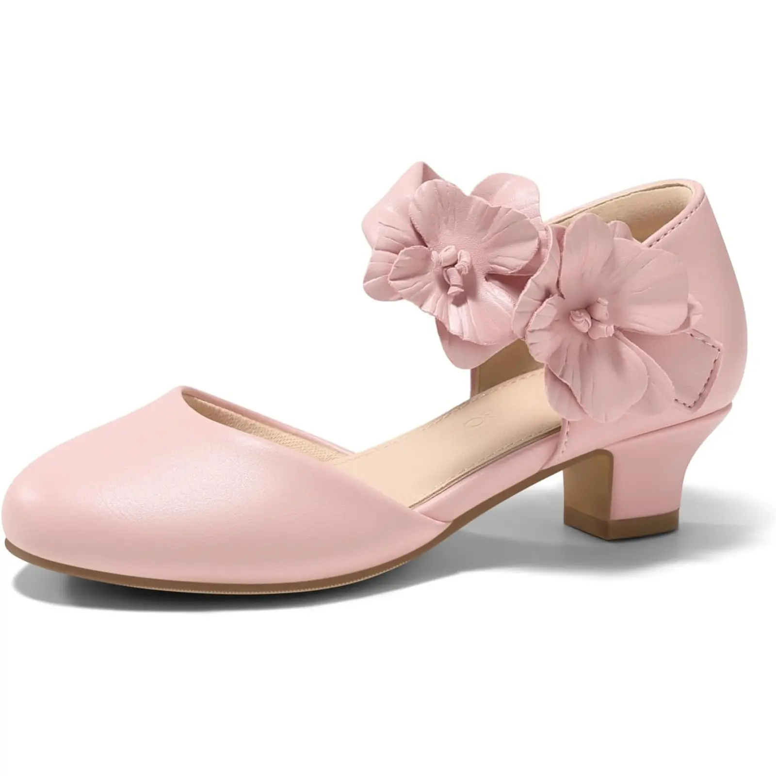 Coutgo Girls Dress Shoes Closed Toe Low Chunky Heels Flower Slip On Party Princess Pumps for Toddler Little Big Kids