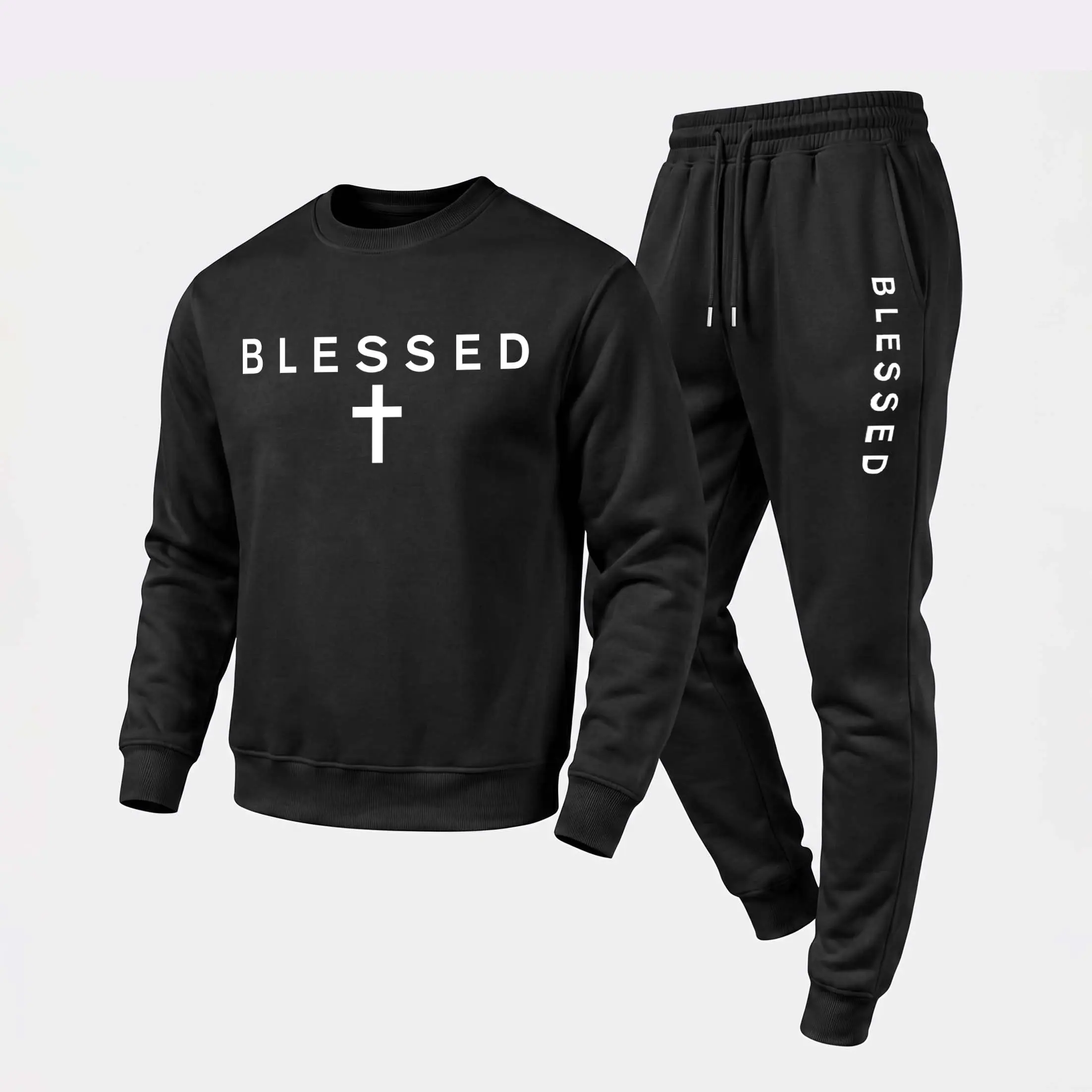 Men's Minimalist 2-Piece "Blessed" Text & Cross Graphic Crewneck Sweatshirt-Jogger Set, Casual Polyester Menswear Clothes with Drawstring Pants, Fall Winter Day Tracksuit for Daily Wear, Lounge, Loose, Breathable, Longsleeves