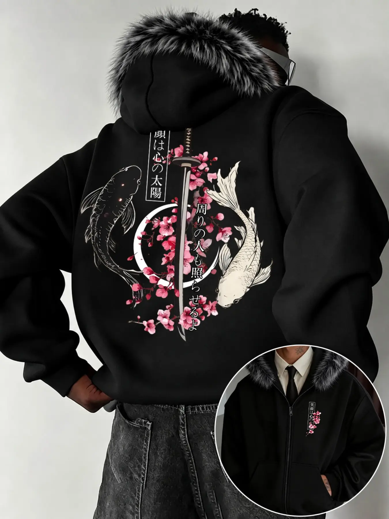 Men's Fall Winter Faux Fur Hooded Jacket, Japanese Koi Sword Cherry Blossom Print, Zipper Closure, Streetwear Style, Casual Long Sleeve