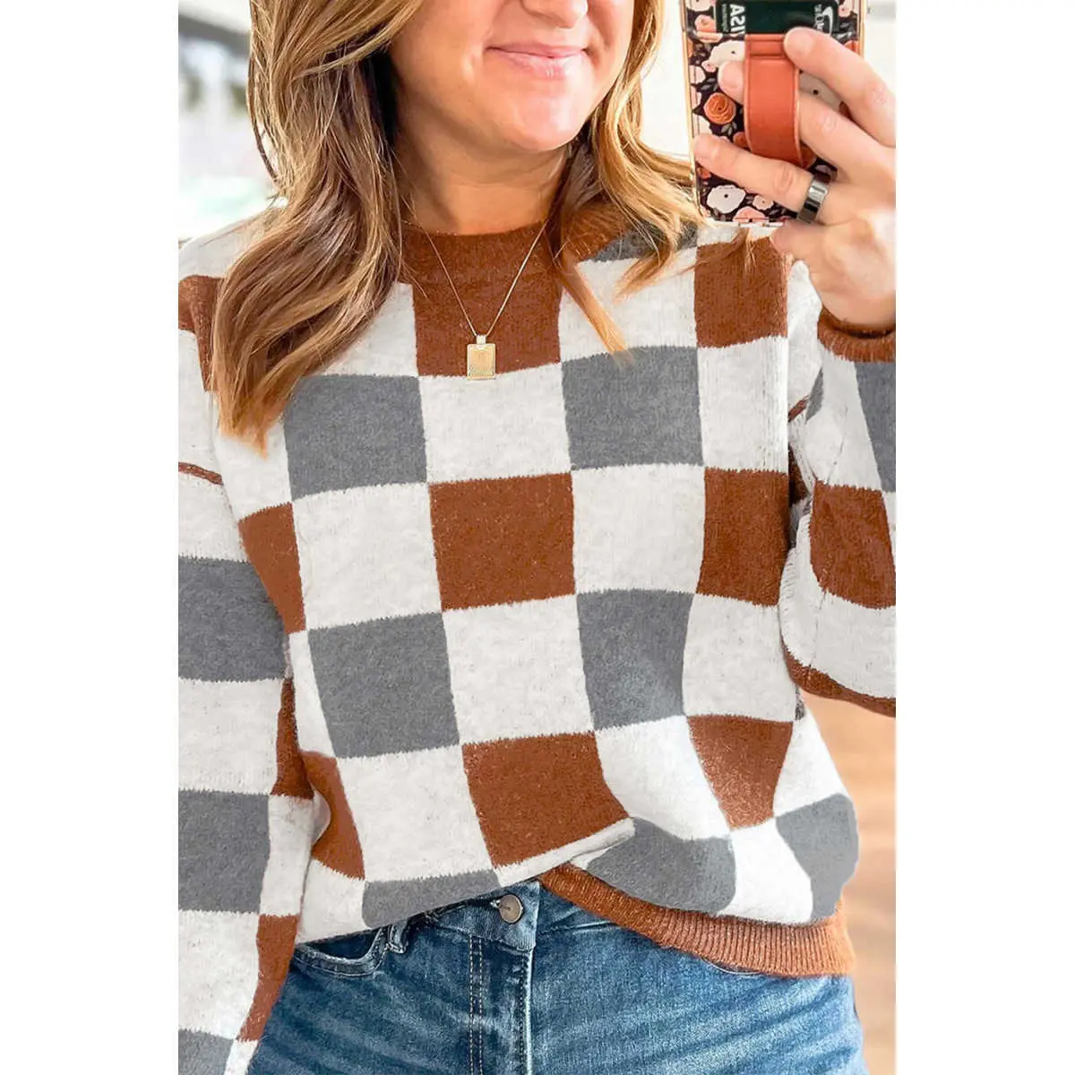 Women's Plus Size Checkered Crewneck Knit Pullover - Casual Loose-Fit Long-Sleeve Polyester Top, Stylish Warm Soft Fabric for Fall Fashion (Plus Size Women Clothing),sohochic