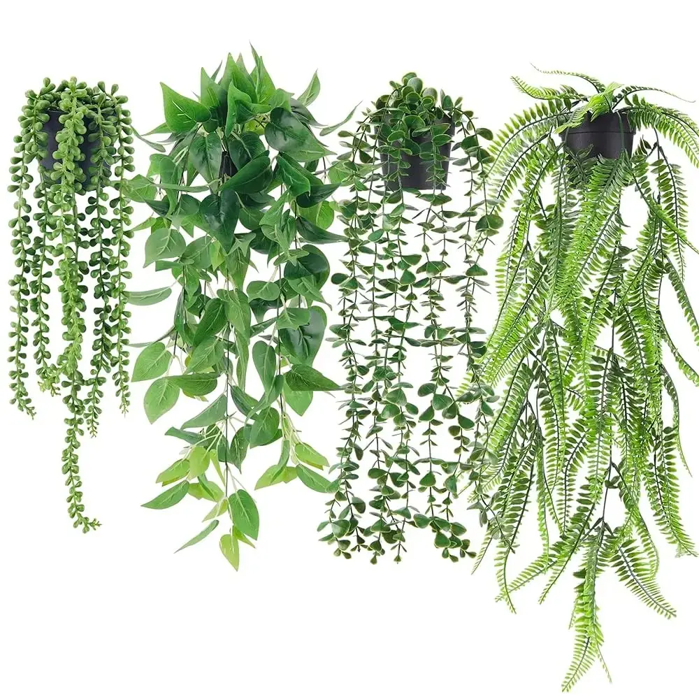 4-Piece Artificial Hanging Plant Set with Pots, Includes Fake Prayer Plant, Ivy, Eucalyptus, Boston Fern, Ideal for Indoor/outdoor Decor, Artificial Outdoor Plants, Artificial Boston Ferns
