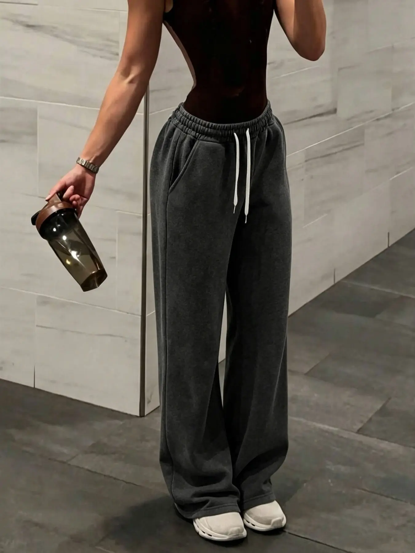 Women's Retro Washed Soft Sport Pants, 250g/m² Drawstring Adjustable Pocket Long Pants, Fall Winter Casual Commute Fitness Wear