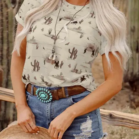 Women's Oversized Cactus Desert Print Short Sleeve T-Shirt | Loose Fit Western Cowgirl Graphic Tee | Casual Everyday Summer Daily Basic Top, Runs Big - Size Down One