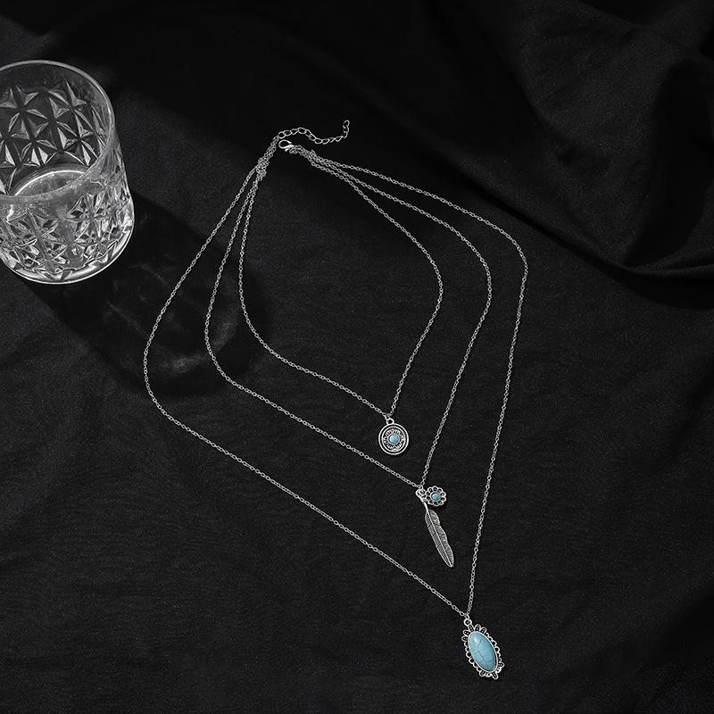 3 Pcs Boho Turquoise Layered Stackable Necklace Set, Silver Vintage Bohemian Jewelry for Women