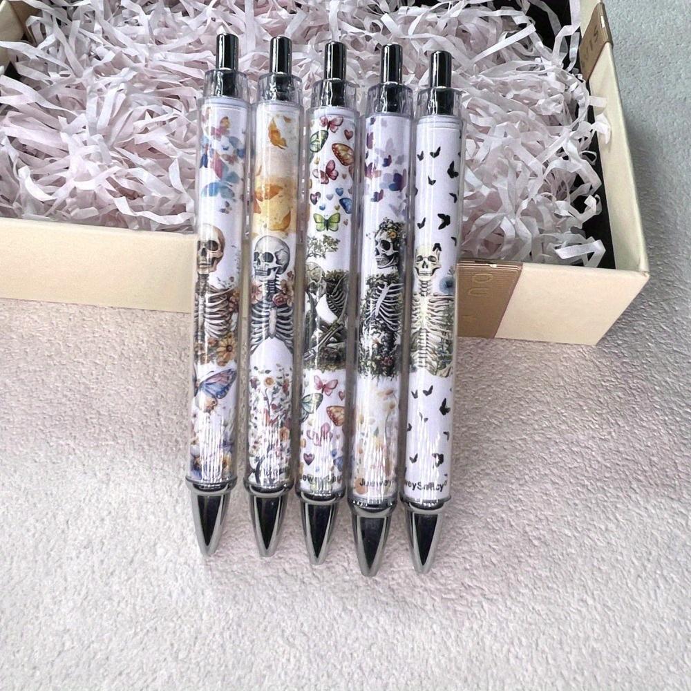 Creative Skull Pattern Ballpoint Pen, 5 Counts/set Ink Plastic Writing Pen, Smooth Writing Pen for Office & Gift, Learning Supplies, Halloween, Funny Teacher Pens