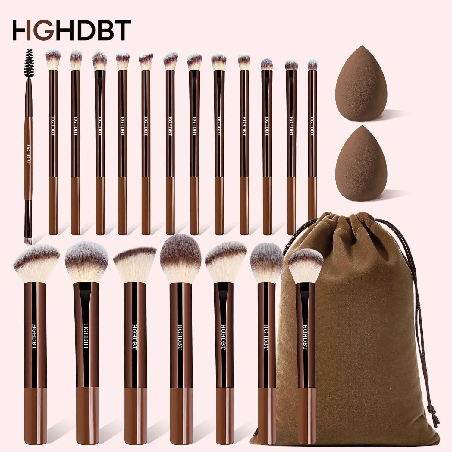 Professional Makeup Brush Set 20pcs, Makeup Brush Kit, Brushes, Face Makeup Brushes, 2 Beauty Sponges, Velvet Bag, Strong Powder-Gripping, Travel Makeup Tools