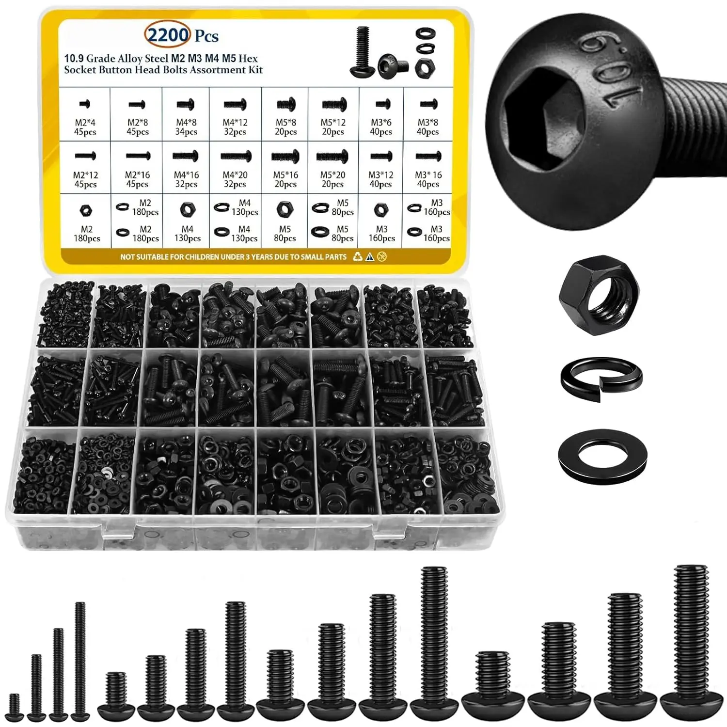 2200PCS Alloy Steel Machine Screws Assortment Kit - M2-M5 Sizes, Hex Socket Button Head, 10.9 Grade Black Zinc Plated, with Nuts & Washers for 3D Printing