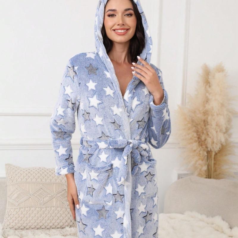 Winter Warm Pajama Robe, Women's Wearable Blanket Bathrobe with Pockets, Fluffy Plush Loungewear for Ladies