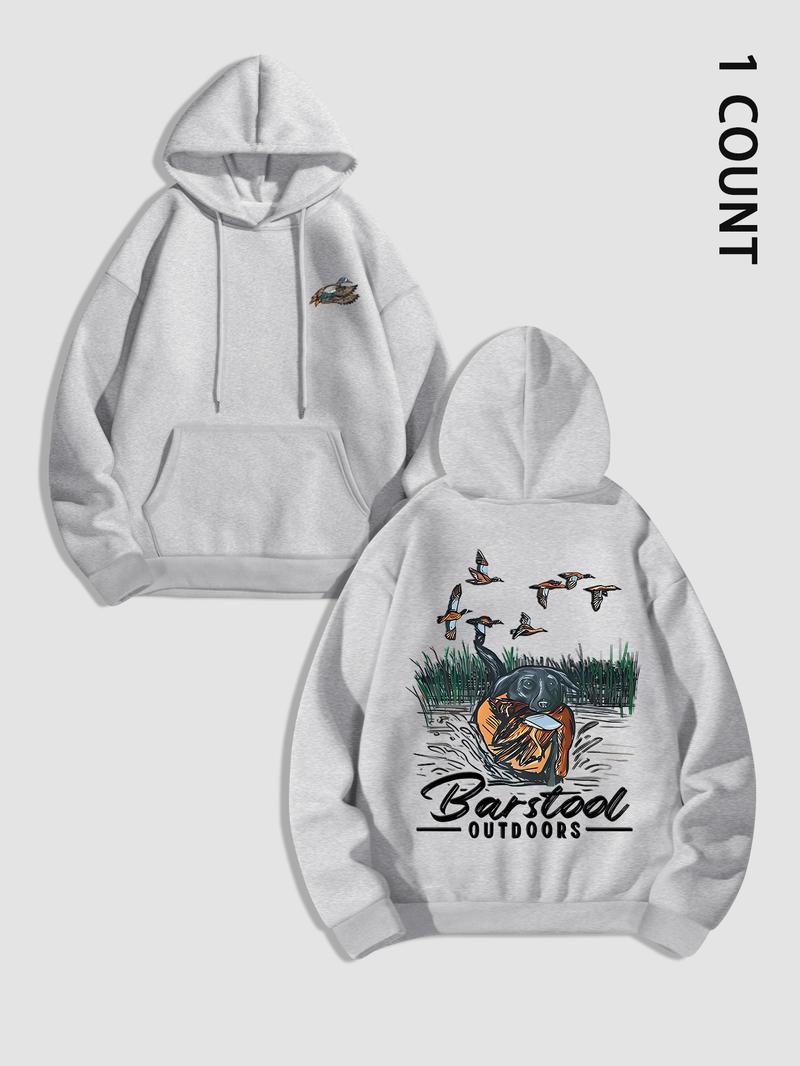 Unisex Men's Duck Hunting Graphic Print Pocket Drawstring Hoodie, Regular Fit Casual Long Sleeve Hooded Sweatshirt, Men's Top for Outdoor Activities