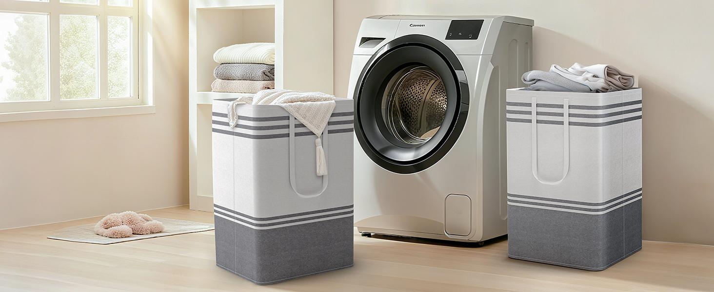 2 Pack Large Laundry Baskets, Laundry Hampers, Freestanding Waterproof Collapsible Clothes Bag with Extended & Reinforced Handles - Clothes Basket for Dorm, Bathroom, Home (Light Grey/75L)