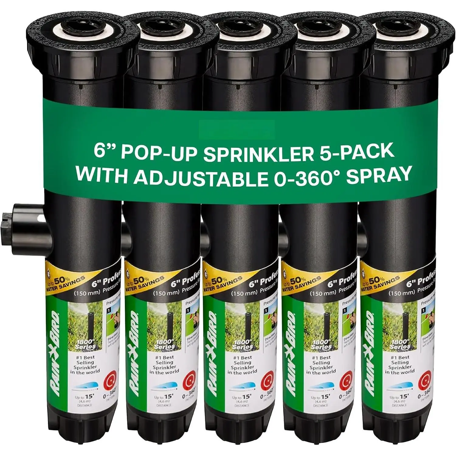 1806VAN 1800 Series Professional 6 Inch Pop Up Sprinkler , 5 Pack - Lawn Sprinkler with Adjustable 0-360  Arc Nozzle , Up to 15 Ft  Distance, 1/2 in NPT Threaded Inlet