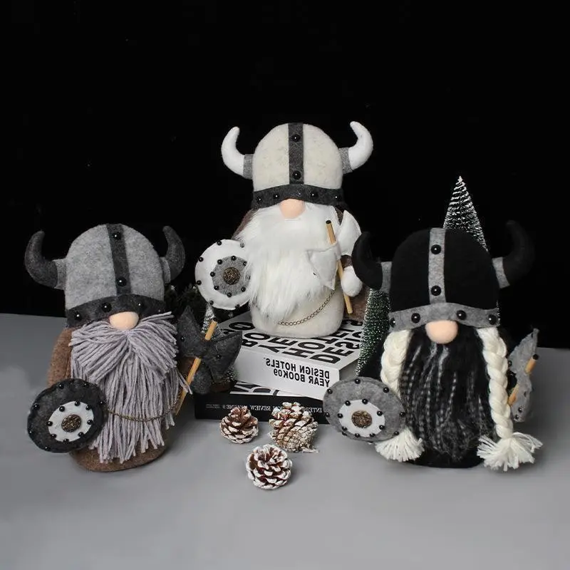 Viking Warrior Gnome Plush Doll, Horned Helmet Swedish Dwarf Ornament, Axe & Shield, Nordic Home Decor, Christmas Gift