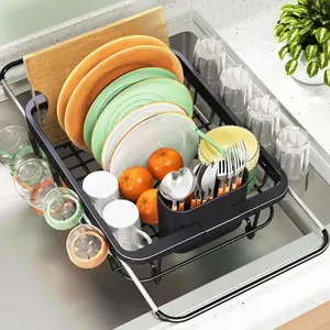 Expandable Dish Drying Rack Over The Sink, Adjustable Dish Rack in Sink, Rustproof Dish Drainer for Kitchen Counter, Dish Strainer with Utensil Holder, Black