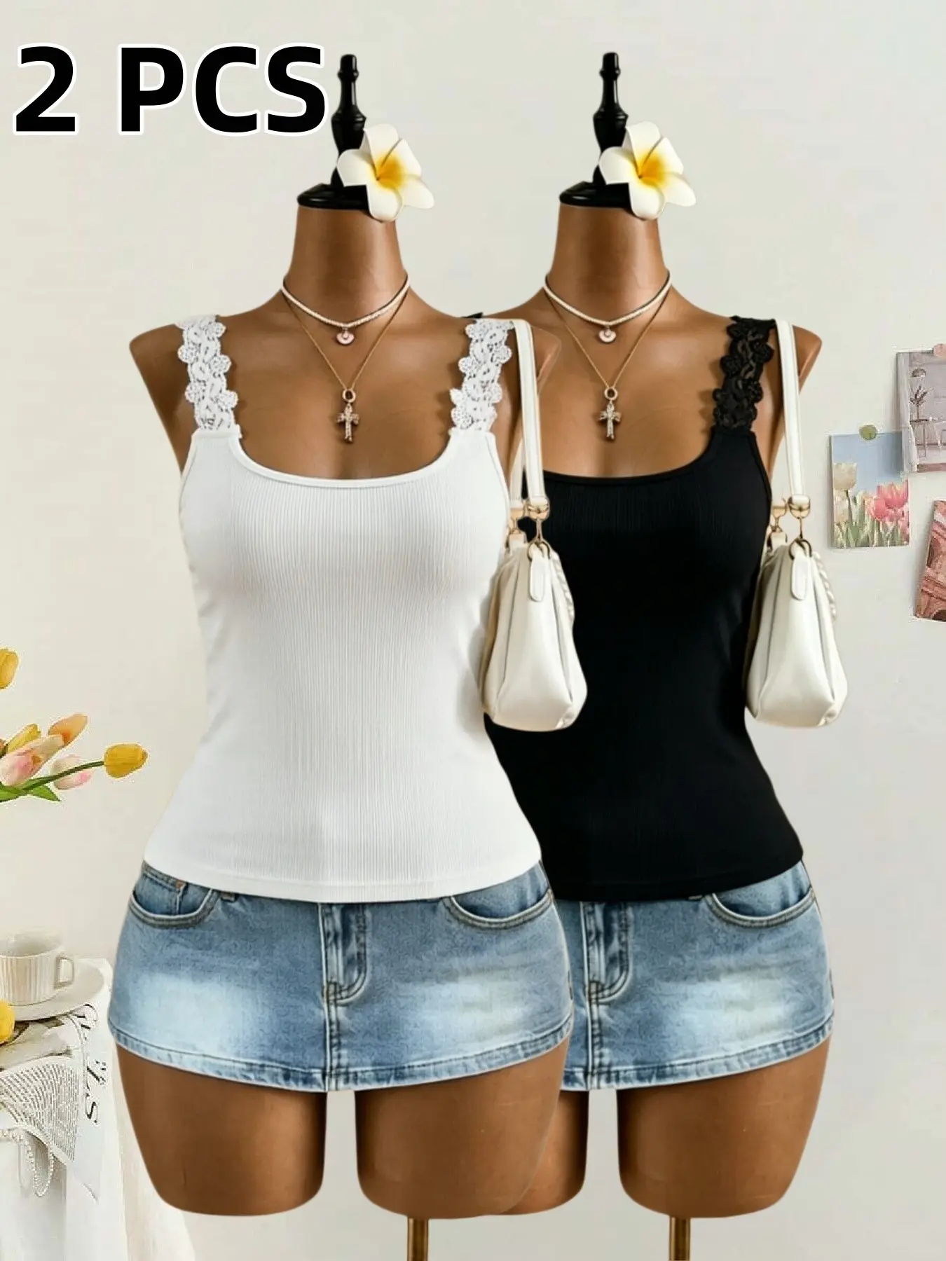 2 Piece Lace Trim Strappy Tank Tops, French Chic Vertical Ruched Elastic Slim Fit U-Neck Innerwear, Petite Daily Commute Beach Vacation Layering Top