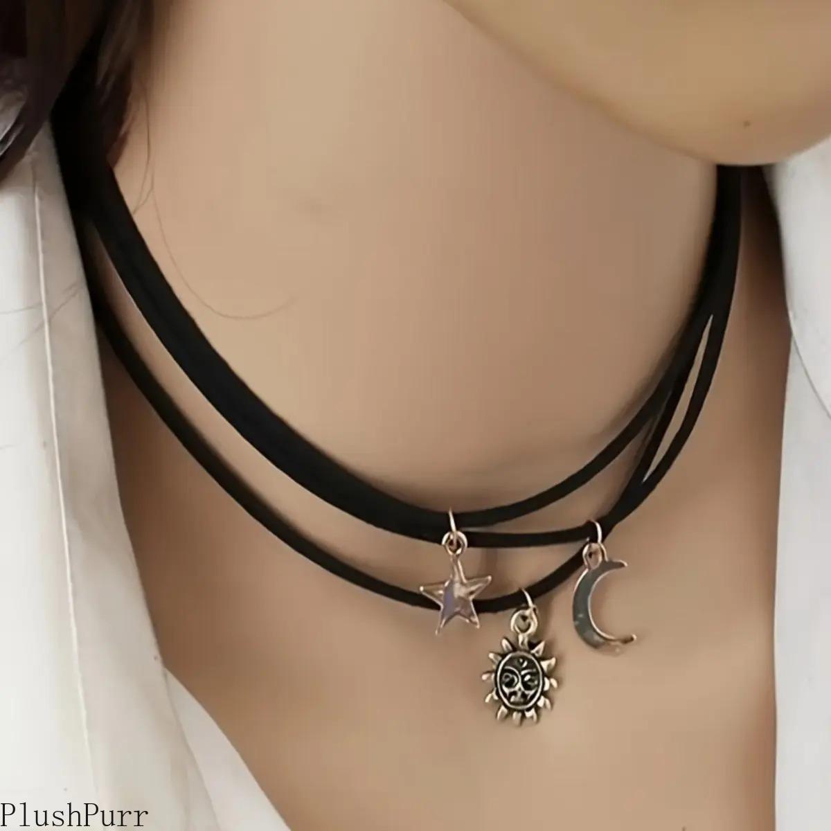 3-Piece Elegant Vintage Copper Planet Necklace, Sun, Moon and Star Pendant, Ladies Layered Minimalist Necklace Jewelry, Perfect for Daily and Party Wear, All Season Accessories