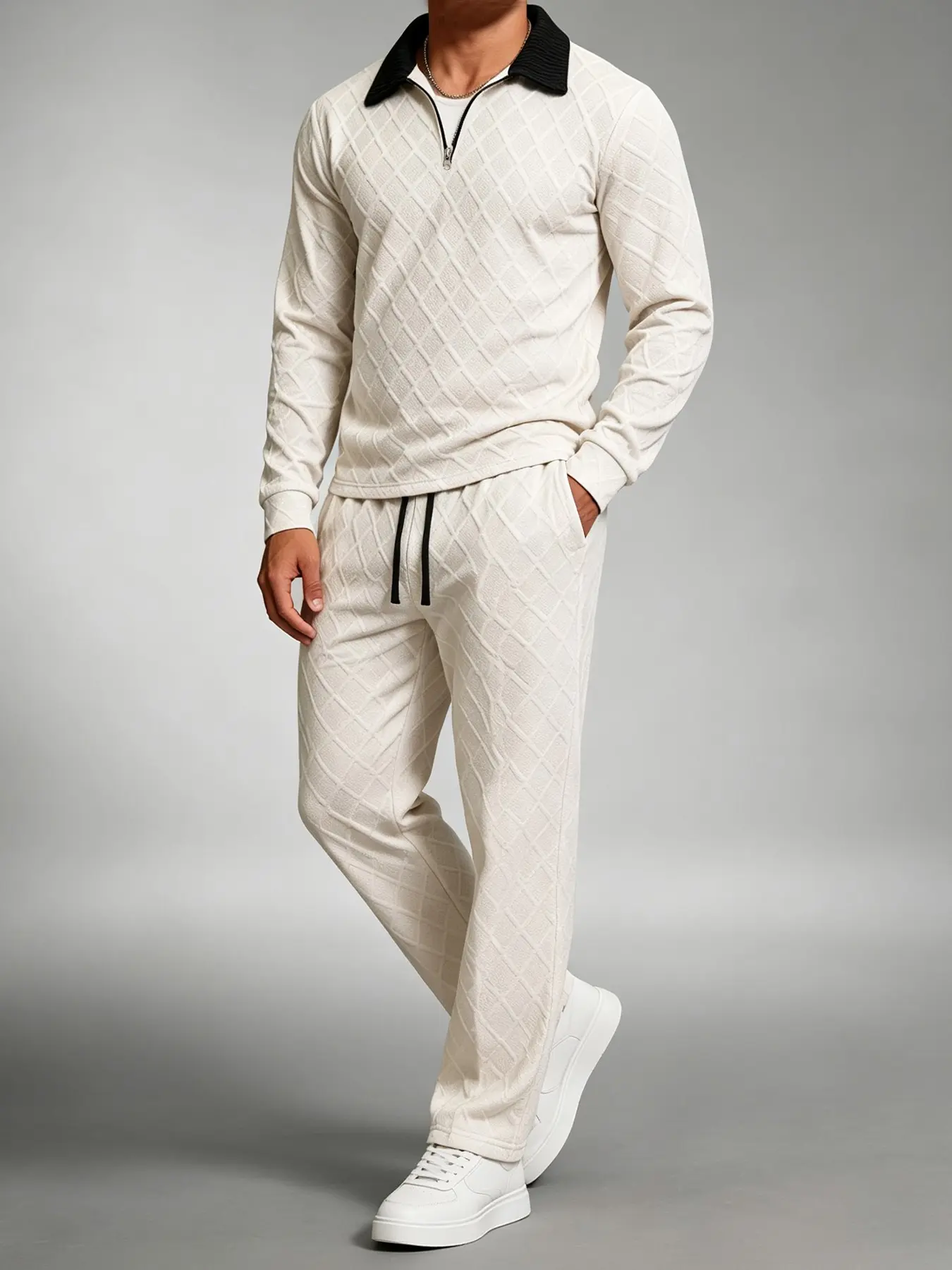 Men's Diamond Textured Contrast Collar Half Zip Polo Top & Straight Jogger Pants Set, 2 Piece Casual Tracksuit, Streetwear Matching